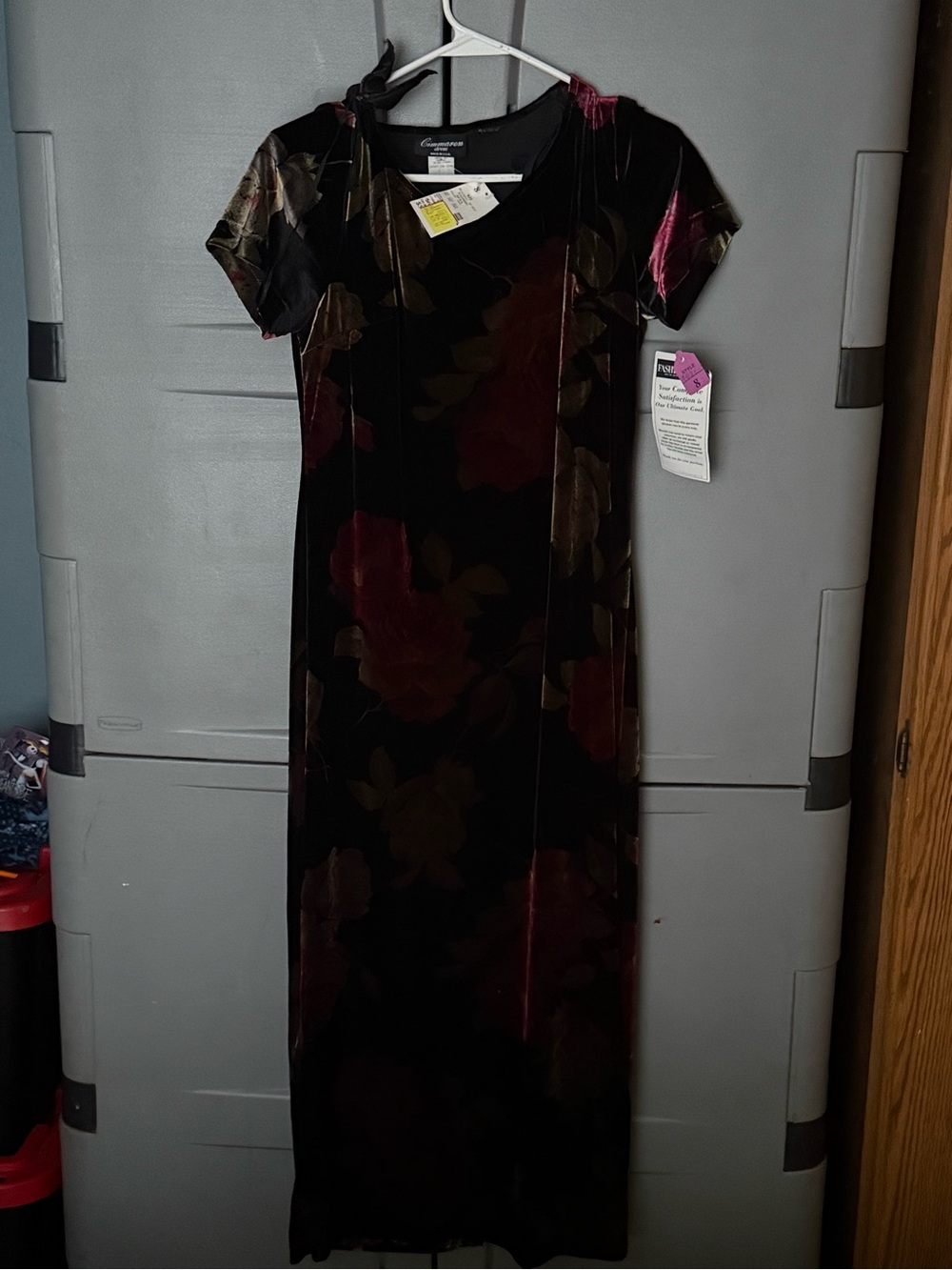 Chaus Velvet Floral Short-Sleeve Maxi Dress - Black with Burgundy Floral